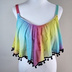 Torrid Bikini Top Womens 2X Rainbow Ombre Flounce Pom Pom Trim Swimwear Beach